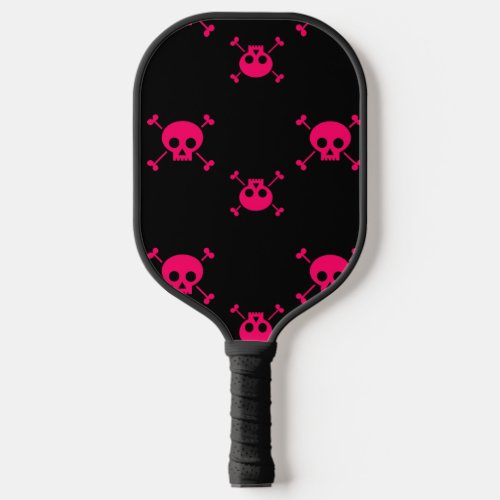 Pink skull and crossbones on black pickleball paddle