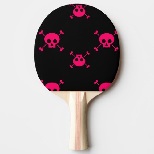 Pink skull and crossbones on black ping pong paddle
