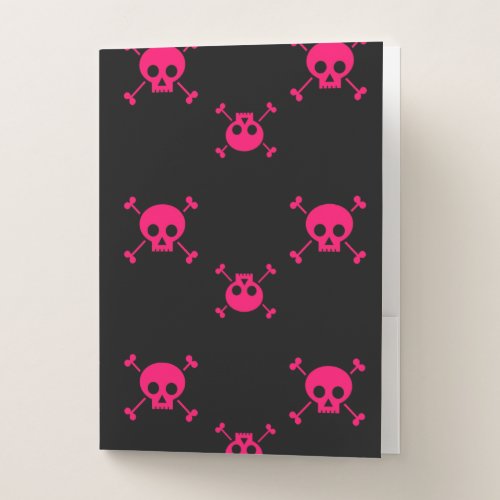 Pink skull and crossbones on black pocket folder