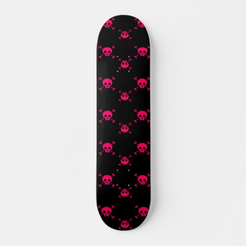 Pink skull and crossbones on black skateboard