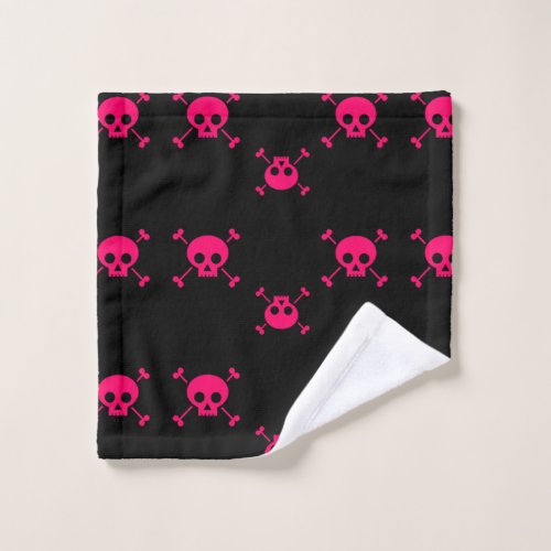 Pink skull and crossbones on black wash cloth