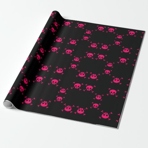Pink skull and crossbones on black wrapping paper