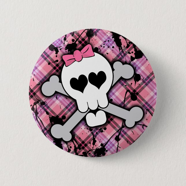 Pink Skull and Crossbones with Hearts and Bow Button (Front)