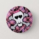 Pink Skull and Crossbones with Hearts and Bow Button