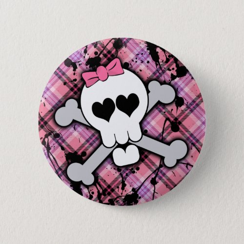 Pink Skull and Crossbones with Hearts and Bow Button
