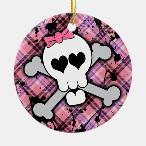 Pink Skull and Crossbones with Hearts and Bow Ceramic Ornament