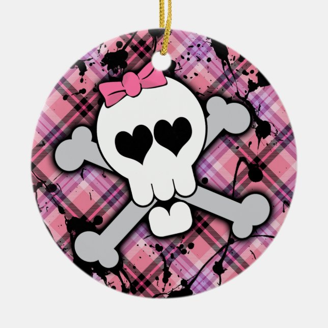 Pink Skull and Crossbones with Hearts and Bow Ceramic Ornament (Front)