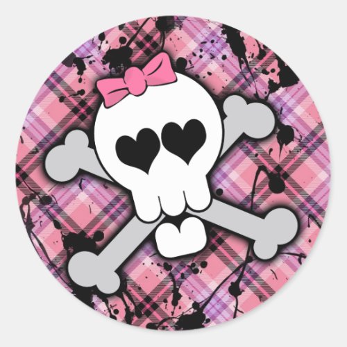 Pink Skull and Crossbones with Hearts and Bow Classic Round Sticker