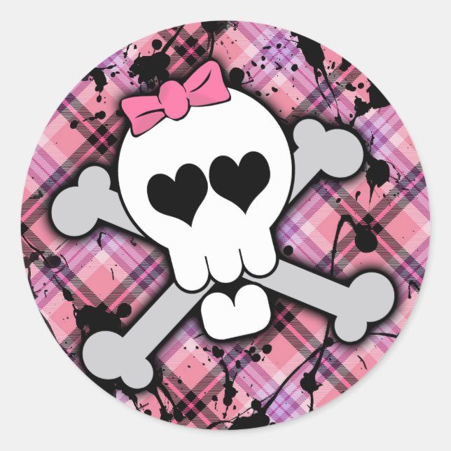 Pink Skull and Crossbones with Hearts and Bow Classic Round Sticker (Front)