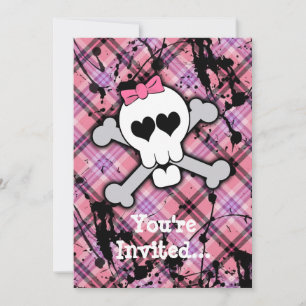 Pink Skull and Crossbones with Hearts and Bow Invitation