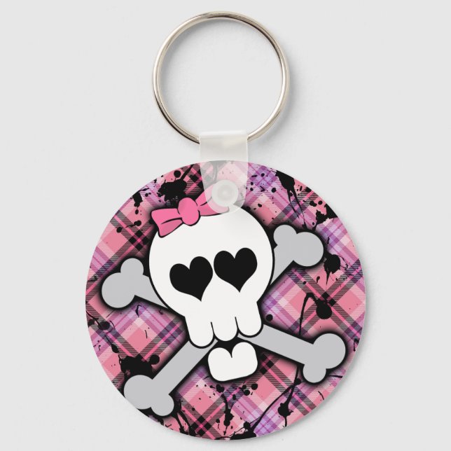 Pink Skull and Crossbones with Hearts and Bow Keychain (Front)