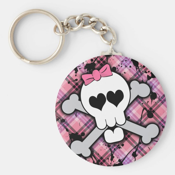 Pink Skull and Crossbones with Hearts and Bow Key Chains