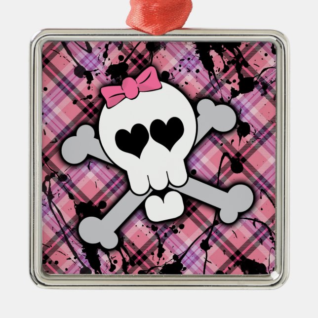 Pink Skull and Crossbones with Hearts and Bow Metal Ornament (Front)