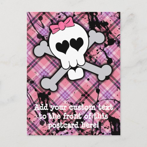 Pink Skull and Crossbones with Hearts and Bow Postcard