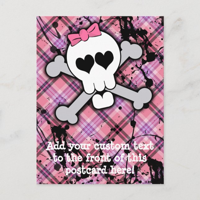 Pink Skull and Crossbones with Hearts and Bow Postcard (Front)