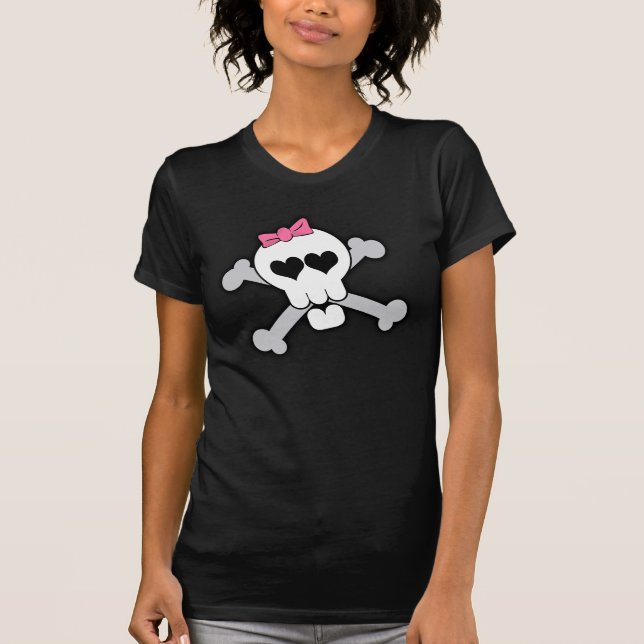 Pink Skull and Crossbones with Hearts and Bow T-Shirt (Front)