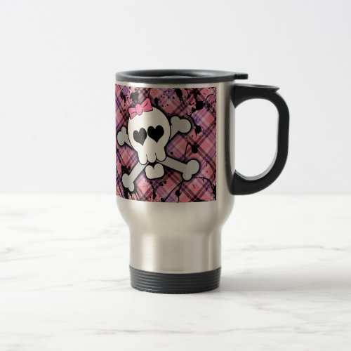 Pink Skull and Crossbones with Hearts and Bow Travel Mug