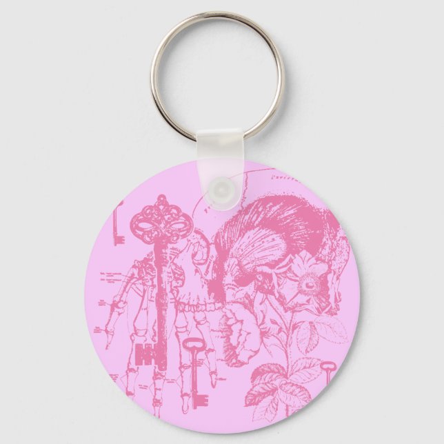 Pink Skull and Key Collage Keychain (Front)