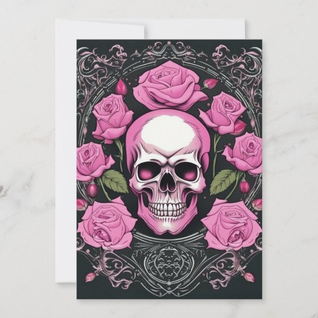 Pink Skull and Roses Gothic Elegance Wedding Invitation (Front)