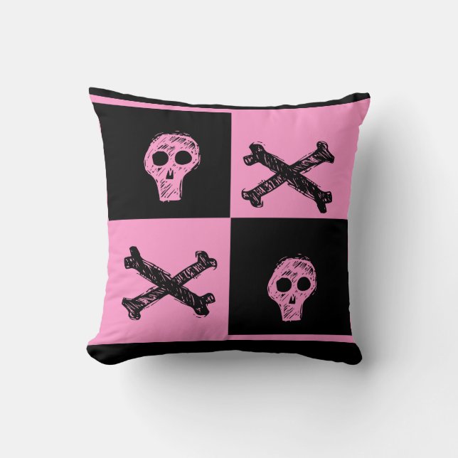pink skull black and pink checker board  pattern throw pillow (Front)