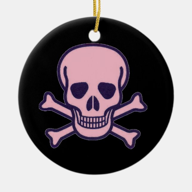 Pink Skull black round ceramic ornament (Front)