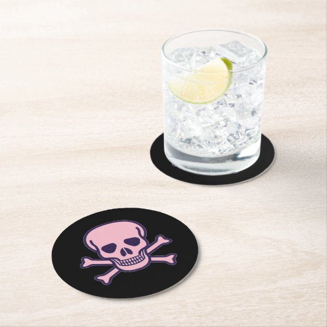 Pink Skull black round paper drink coasters (Insitu)