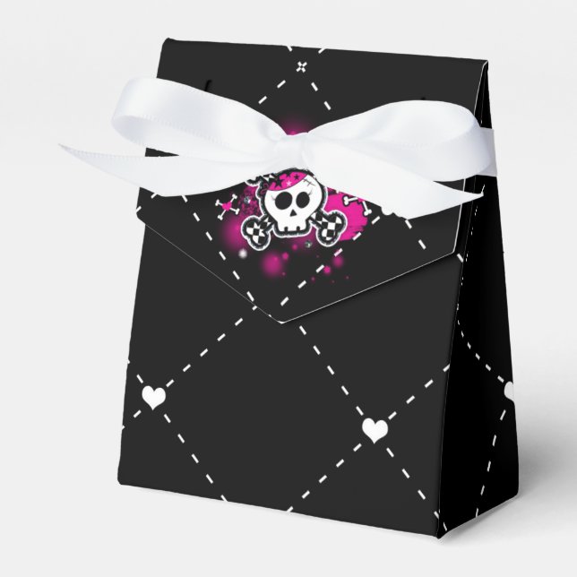 Pink Skull Crossbones & Hearts Party Favor Boxes (Front Side)