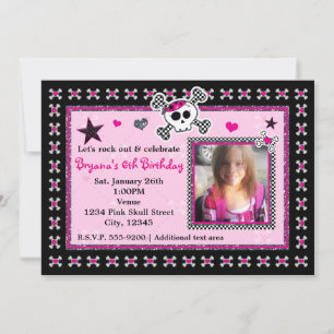 Pink Skull & Crossbones Hearts Photo Invitation