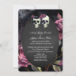 Pink Skull Flower Bride & Groom Wedding Invitation