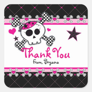 Pink Skull, Heart & Crossbones Party Favor Sticker