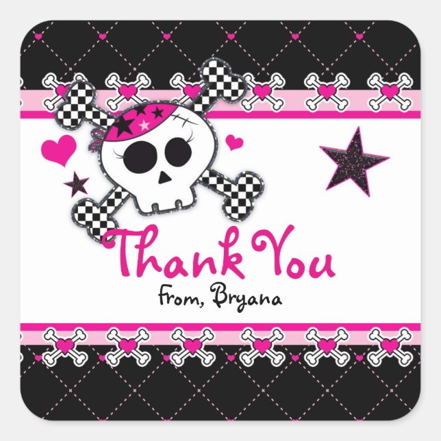 Pink Skull, Heart & Crossbones Party Favor Sticker (Front)