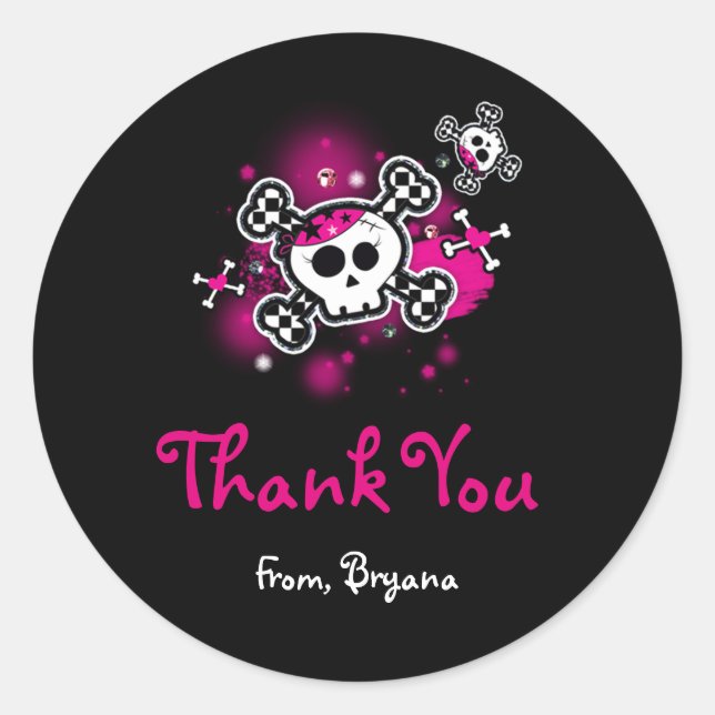 Pink Skull, Heart & Crossbones Party Favor Sticker (Front)