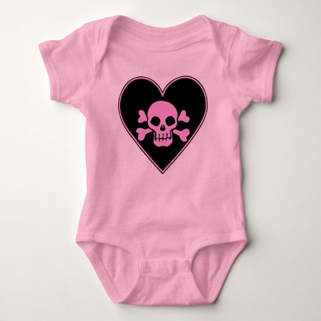 Pink Skull in Heart Baby Bodysuit (Front)