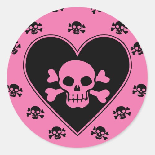 Pink Skull in Heart Classic Round Sticker