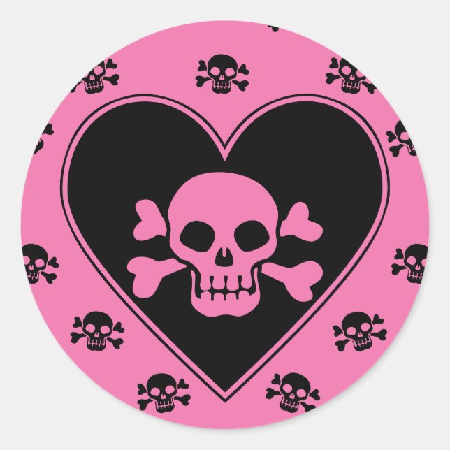 Pink Skull in Heart Classic Round Sticker (Front)