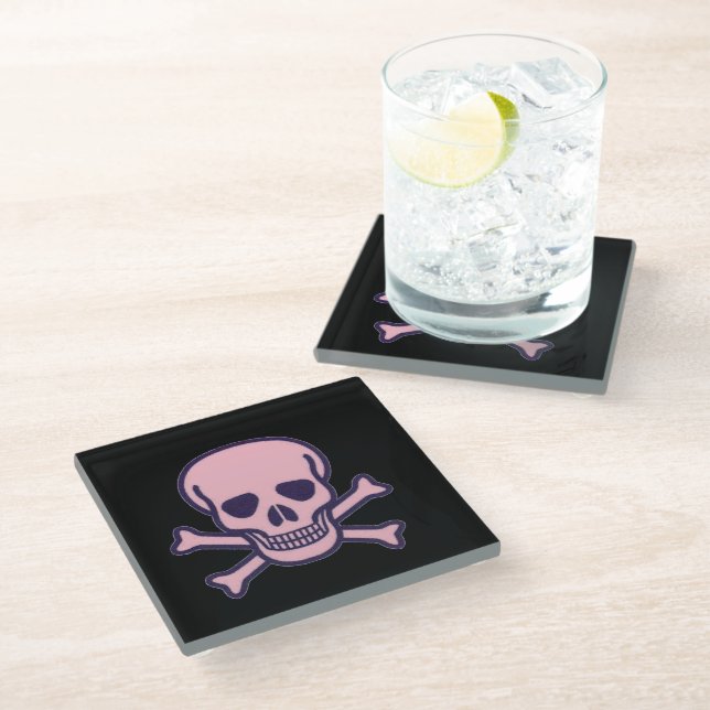 Pink Skull n Bones black glass coaster (Angled)