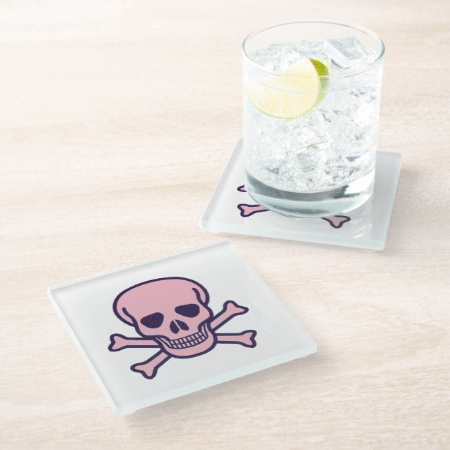 Pink Skull n Bones clear glass coaster (Angled)