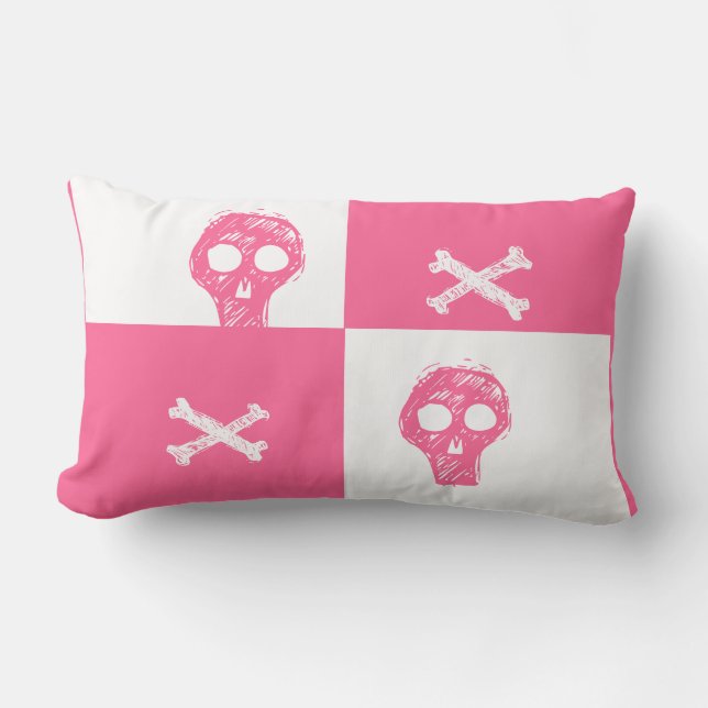pink skull pink and white checker board  pattern lumbar pillow (Front)