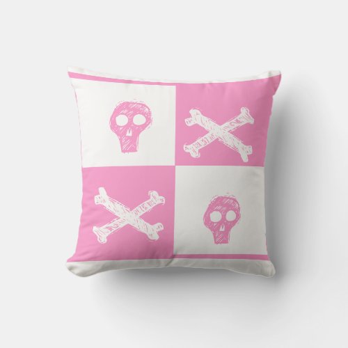 pink skull pink and white checker board  pattern throw pillow