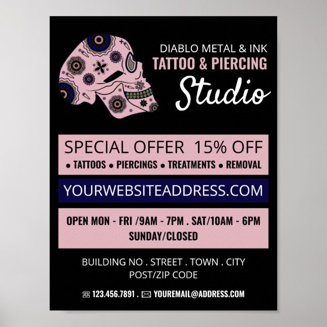 Pink Skull Tattoo, Tattoo & Body Piercing Studio Poster (Front)