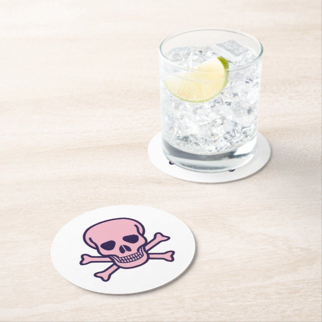 Pink Skull white round paper drink coasters (Insitu)
