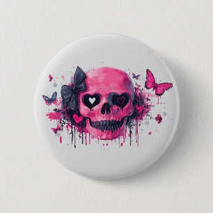 Pink Skull with Butterflies and Hearts  Button