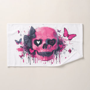 Pink Skull with Butterflies and Hearts Hand Towel