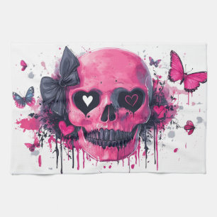 Pink Skull with Butterflies and Hearts Kitchen Towel