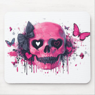 Pink Skull with Butterflies and Hearts Mouse Pad