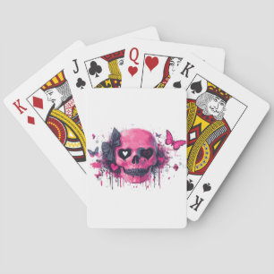 Pink Skull with Butterflies and Hearts Poker Cards