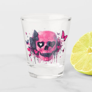 Pink Skull with Butterflies and Hearts Shot Glass