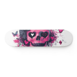 Pink Skull with Butterflies and Hearts  Skateboard
