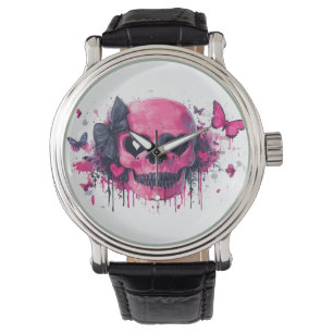 Pink Skull with Butterflies and Hearts Watch