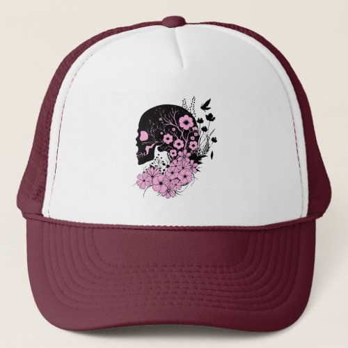 Pink Skull with Flower Trucker Hats